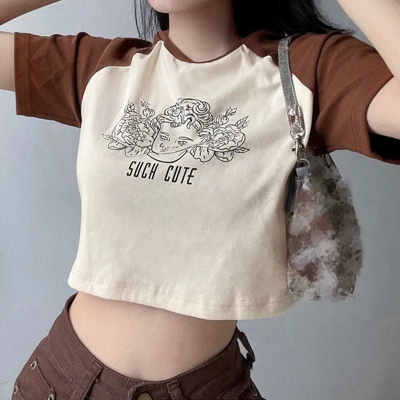 Vintage Angel Print Round Collar Short T-shirt