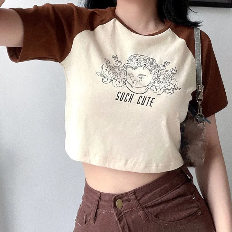 Vintage Angel Print Round Collar Short T-shirt