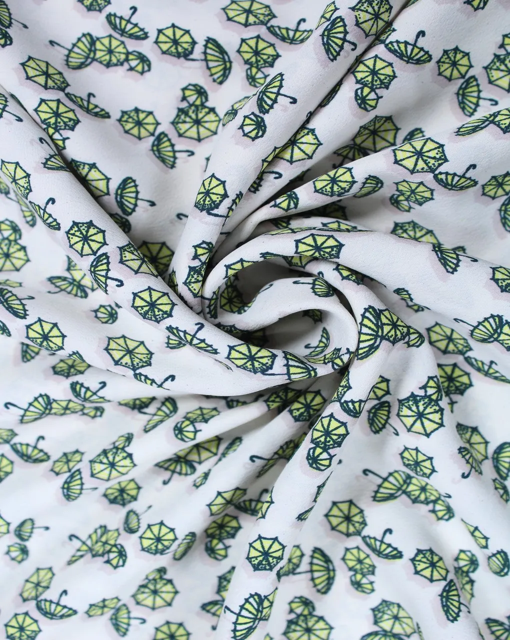 White And Green Umbrella Design Polyester Crepe Fabric