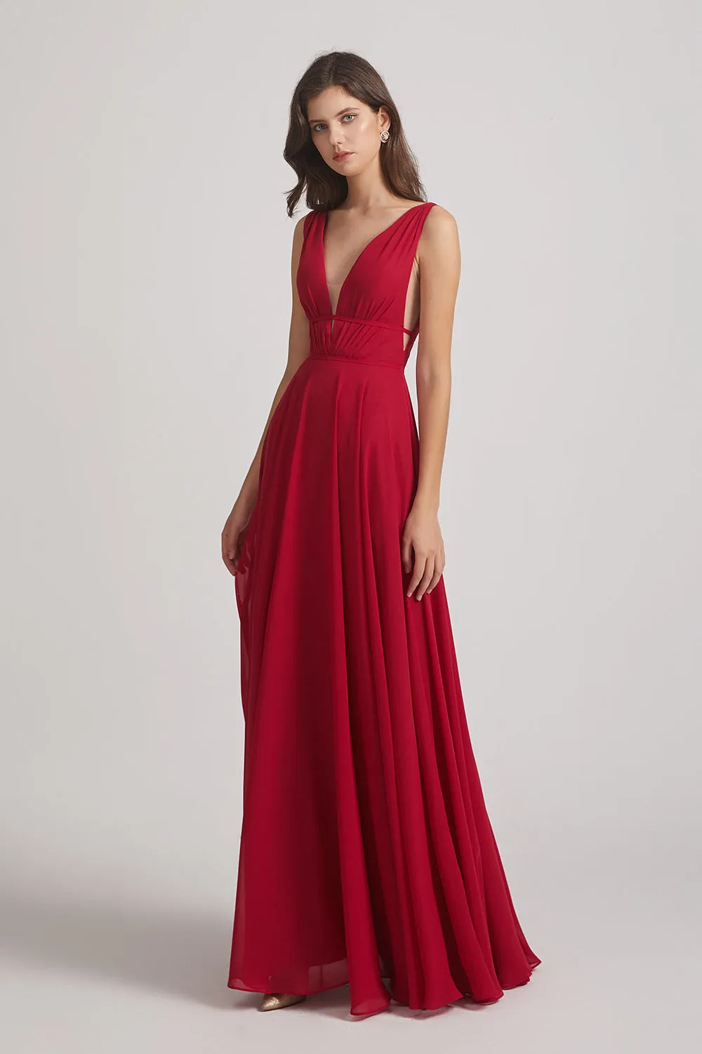 Wide Straps Double V-Neck Crinkle Chiffon Bridesmaid Dresses (AF0092)