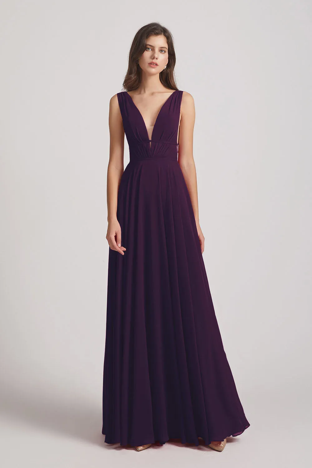 Wide Straps Double V-Neck Crinkle Chiffon Bridesmaid Dresses (AF0092)