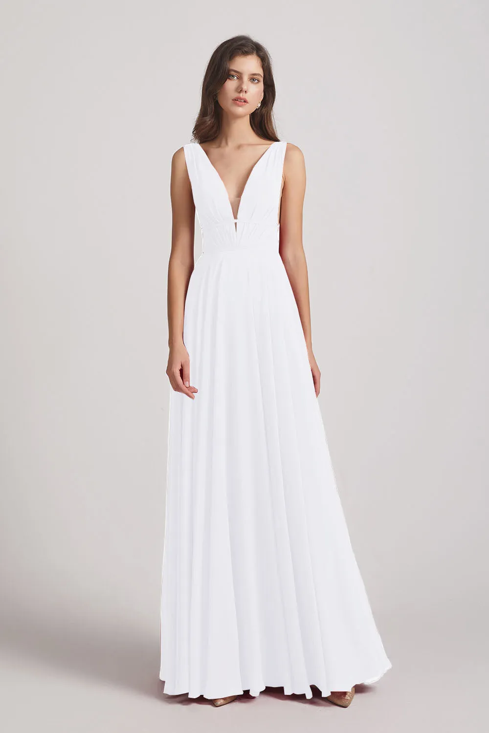 Wide Straps Double V-Neck Crinkle Chiffon Bridesmaid Dresses (AF0092)