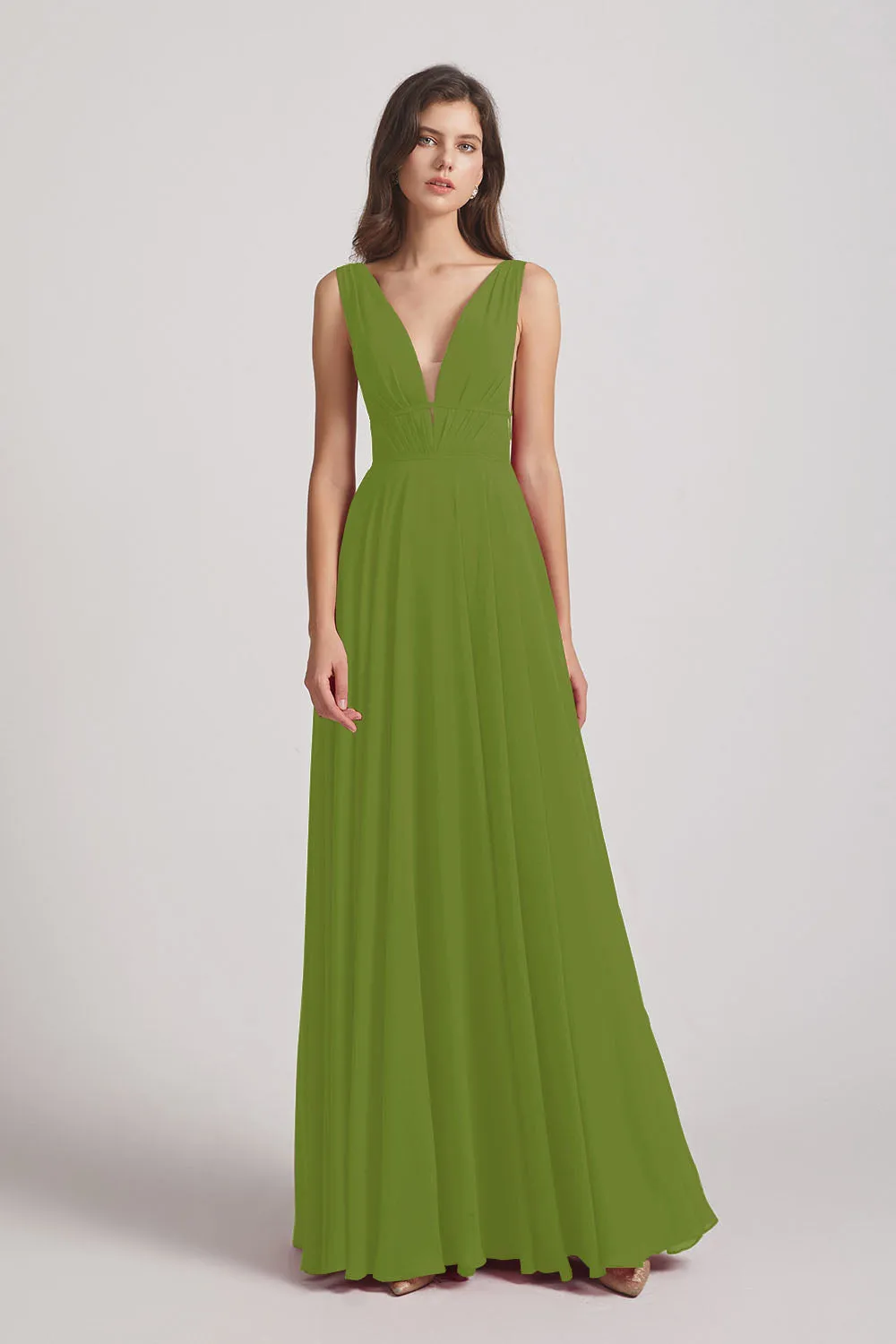 Wide Straps Double V-Neck Crinkle Chiffon Bridesmaid Dresses (AF0092)