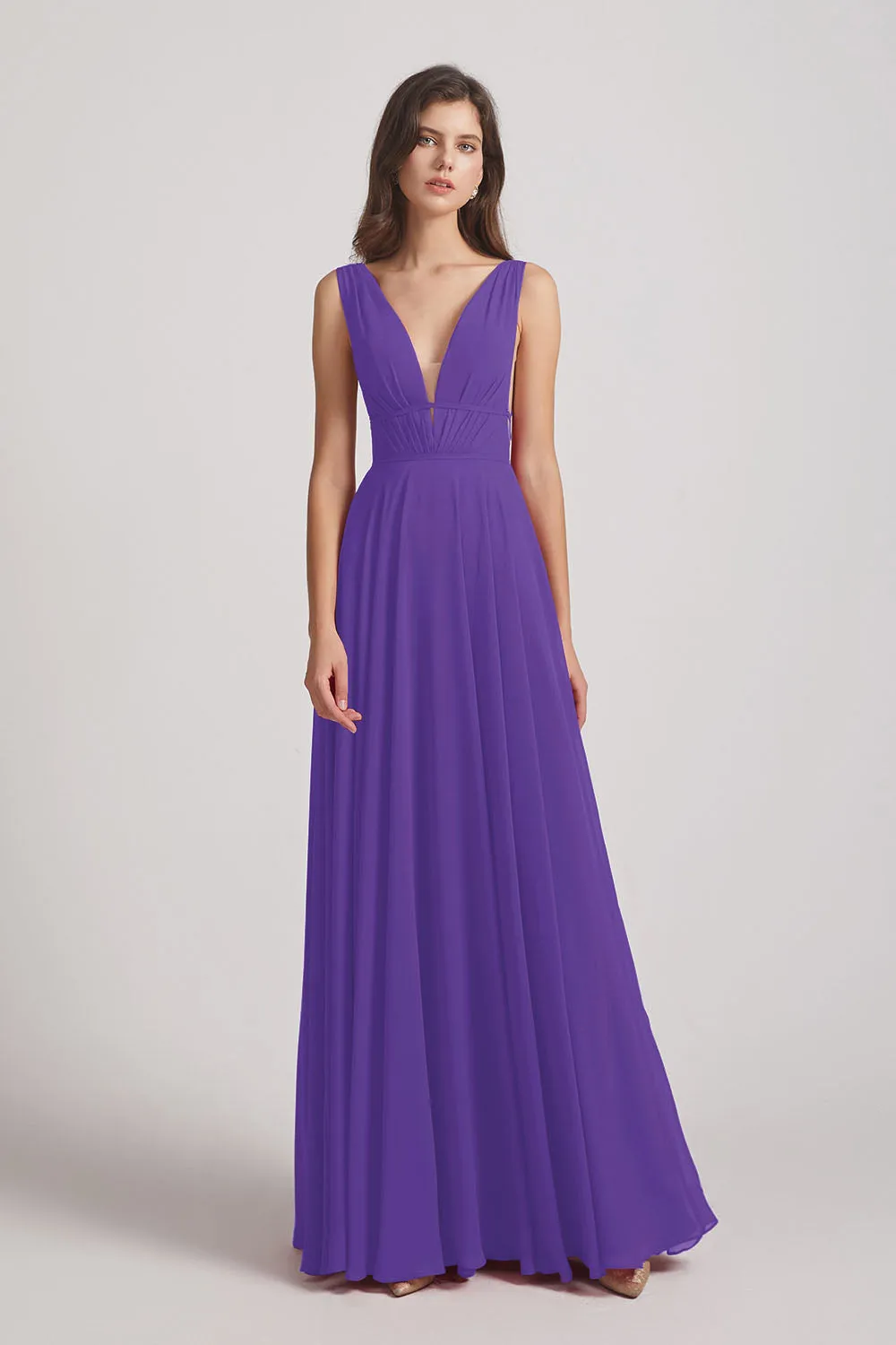 Wide Straps Double V-Neck Crinkle Chiffon Bridesmaid Dresses (AF0092)