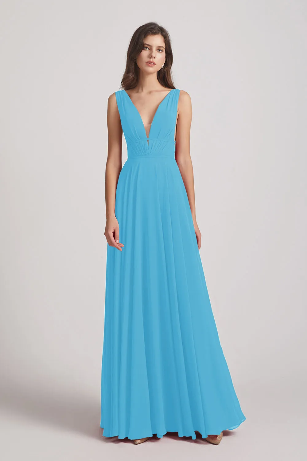 Wide Straps Double V-Neck Crinkle Chiffon Bridesmaid Dresses (AF0092)
