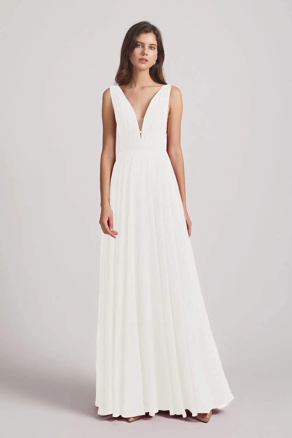 Wide Straps Double V-Neck Crinkle Chiffon Bridesmaid Dresses (AF0092)