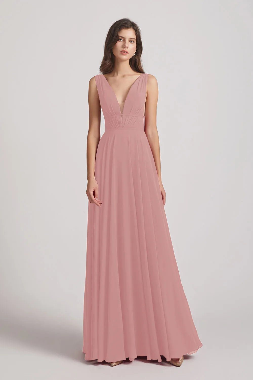 Wide Straps Double V-Neck Crinkle Chiffon Bridesmaid Dresses (AF0092)