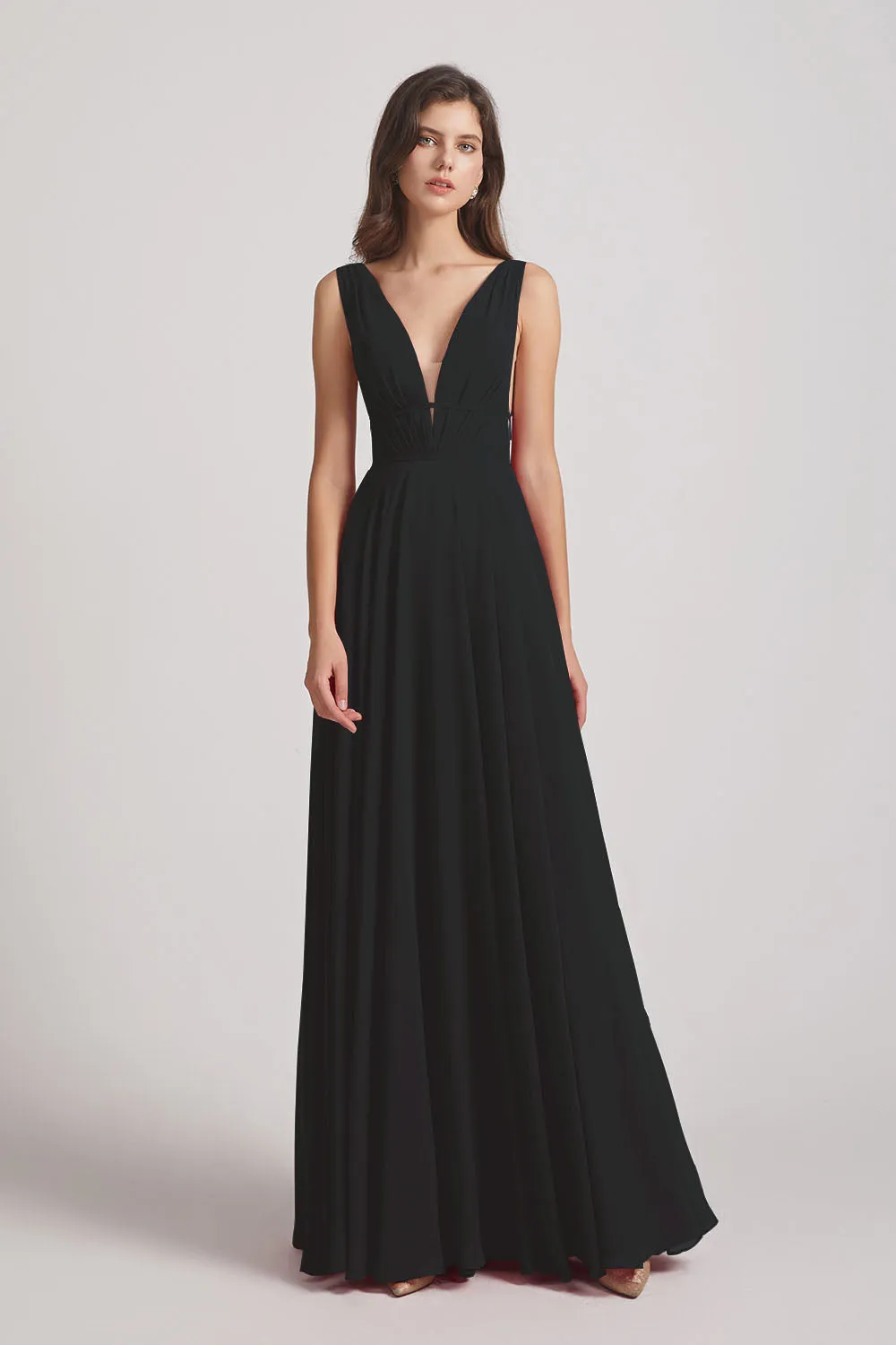 Wide Straps Double V-Neck Crinkle Chiffon Bridesmaid Dresses (AF0092)