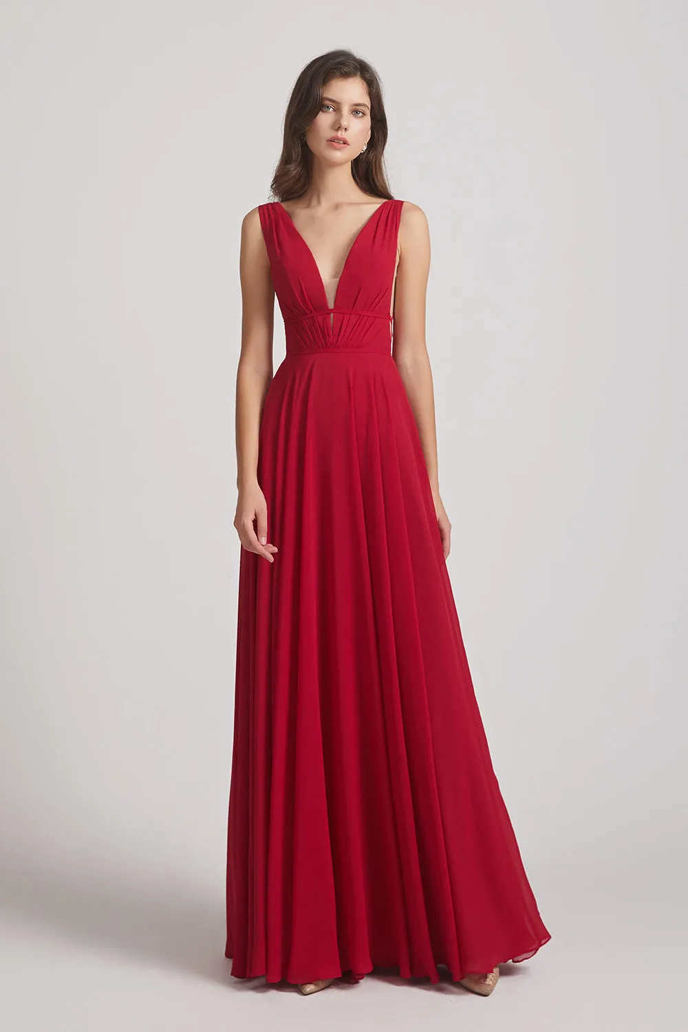 Wide Straps Double V-Neck Crinkle Chiffon Bridesmaid Dresses (AF0092)