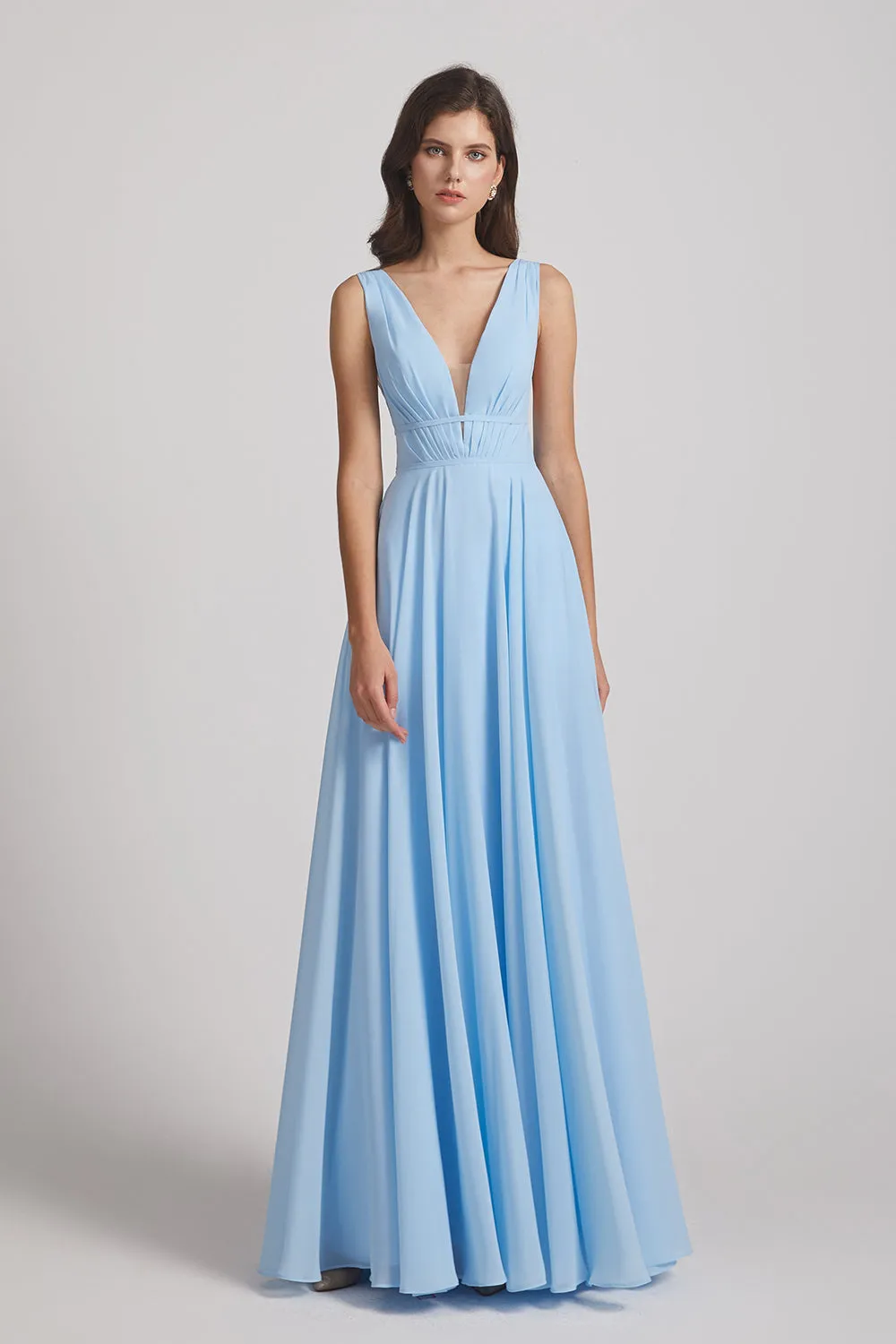 Wide Straps Double V-Neck Crinkle Chiffon Bridesmaid Dresses (AF0092)