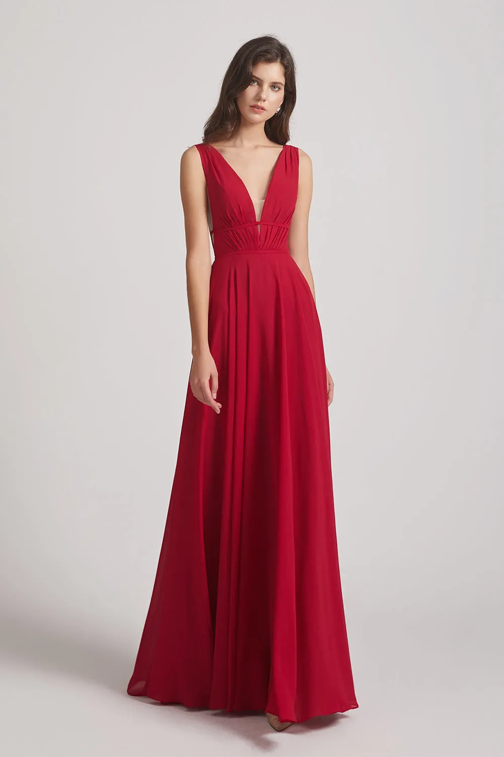 Wide Straps Double V-Neck Crinkle Chiffon Bridesmaid Dresses (AF0092)