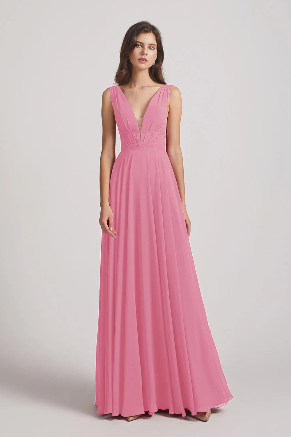 Wide Straps Double V-Neck Crinkle Chiffon Bridesmaid Dresses (AF0092)