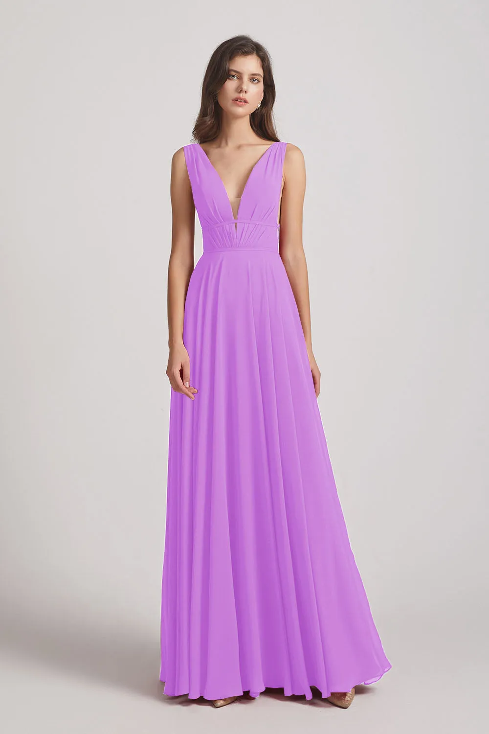 Wide Straps Double V-Neck Crinkle Chiffon Bridesmaid Dresses (AF0092)