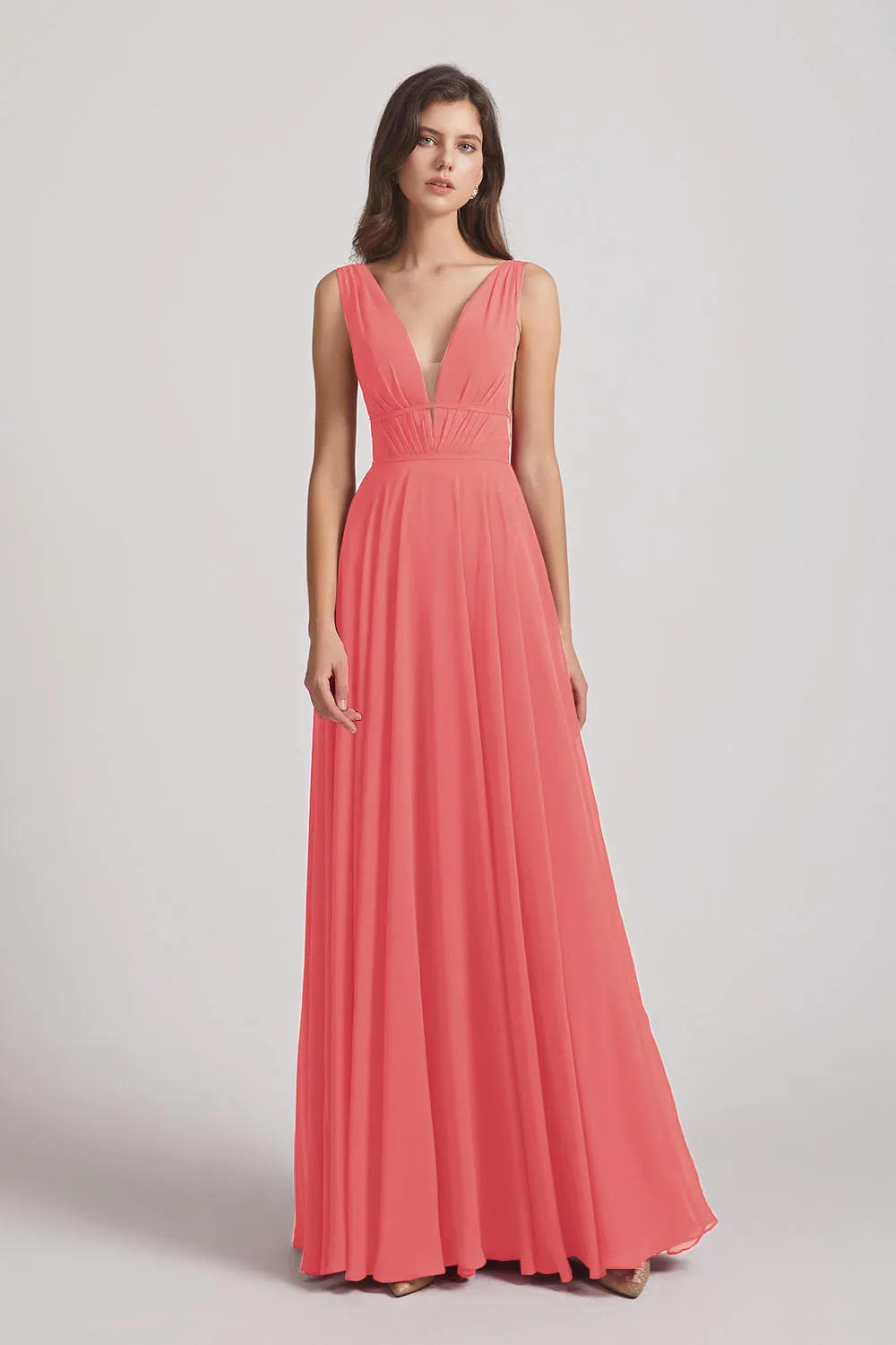 Wide Straps Double V-Neck Crinkle Chiffon Bridesmaid Dresses (AF0092)