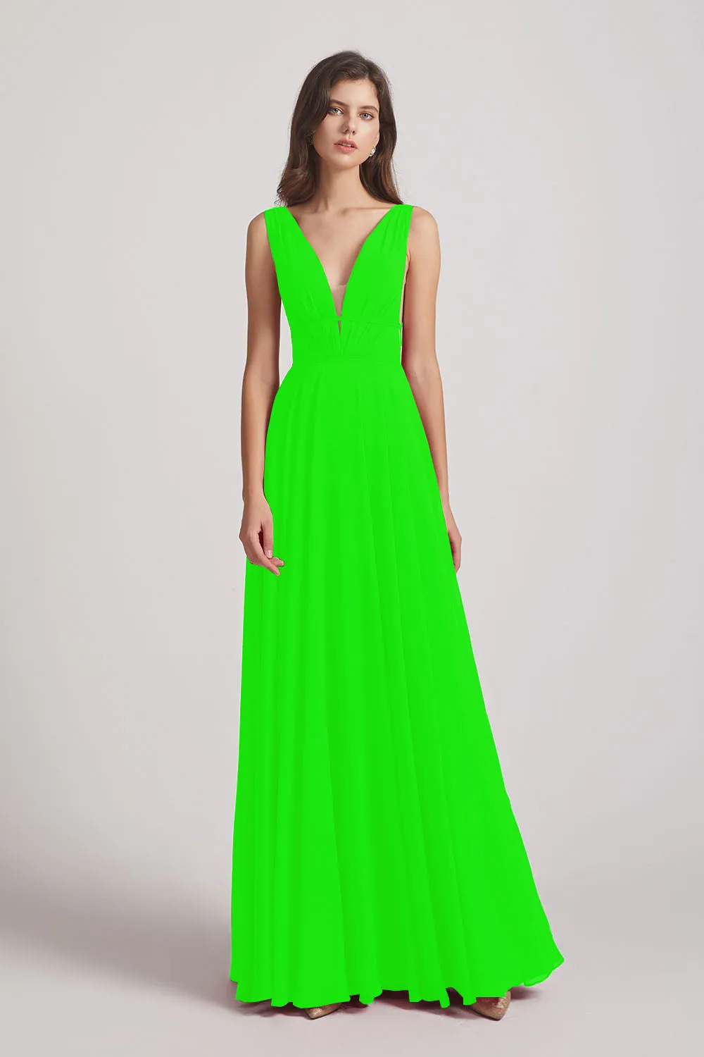 Wide Straps Double V-Neck Crinkle Chiffon Bridesmaid Dresses (AF0092)