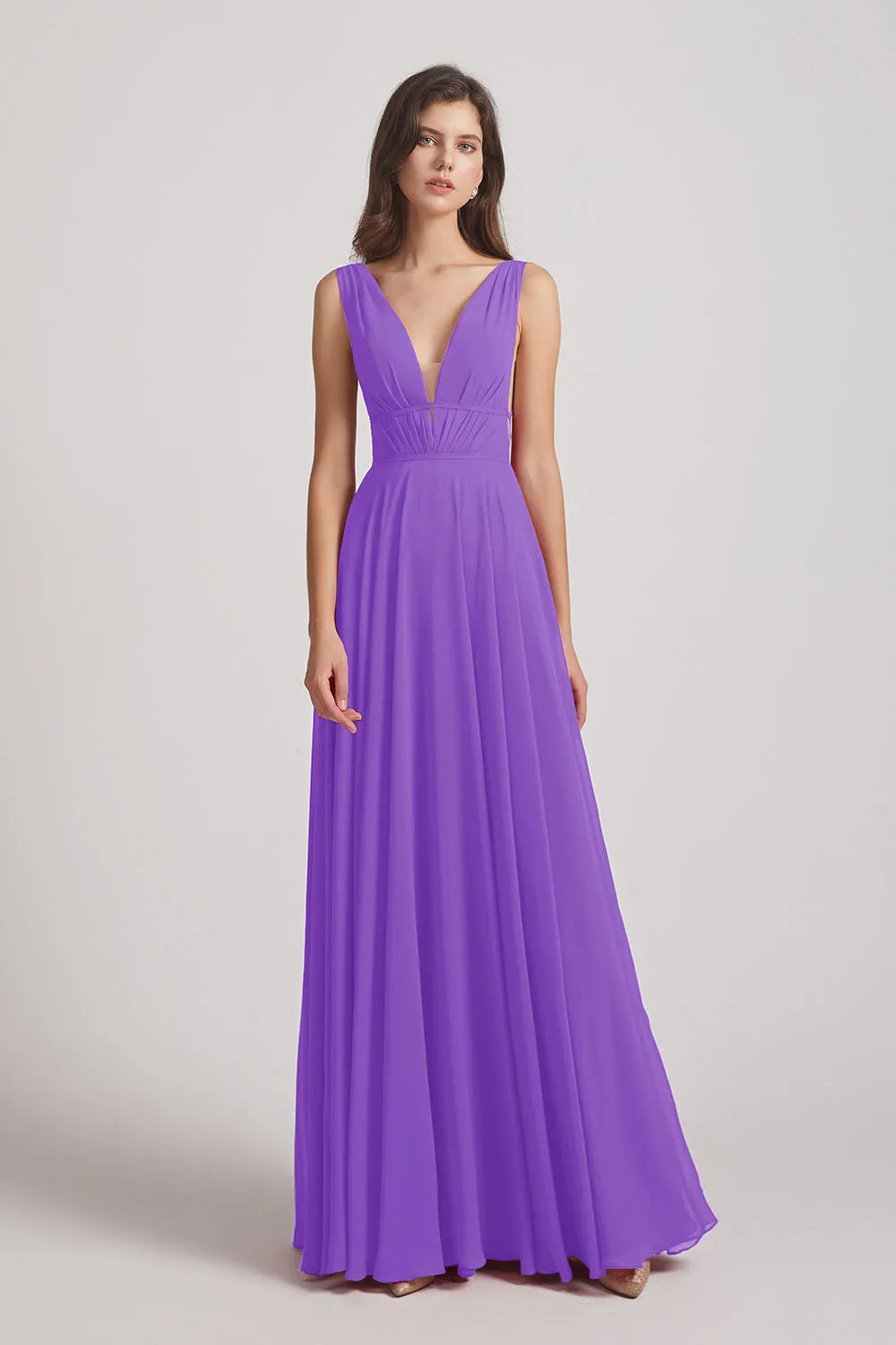 Wide Straps Double V-Neck Crinkle Chiffon Bridesmaid Dresses (AF0092)