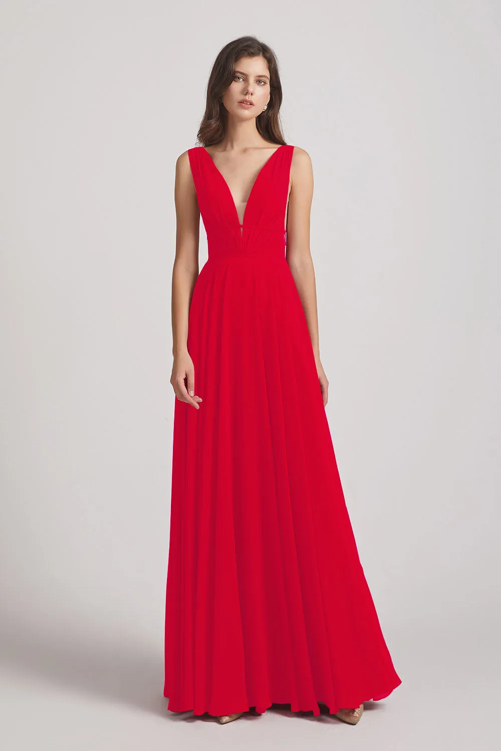 Wide Straps Double V-Neck Crinkle Chiffon Bridesmaid Dresses (AF0092)