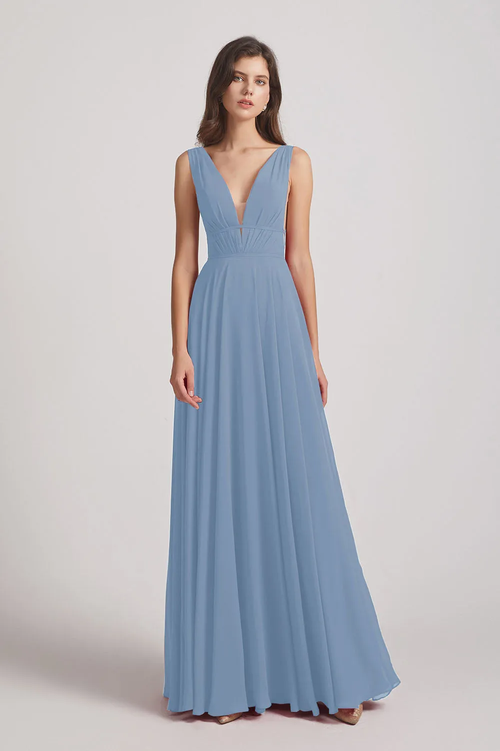 Wide Straps Double V-Neck Crinkle Chiffon Bridesmaid Dresses (AF0092)