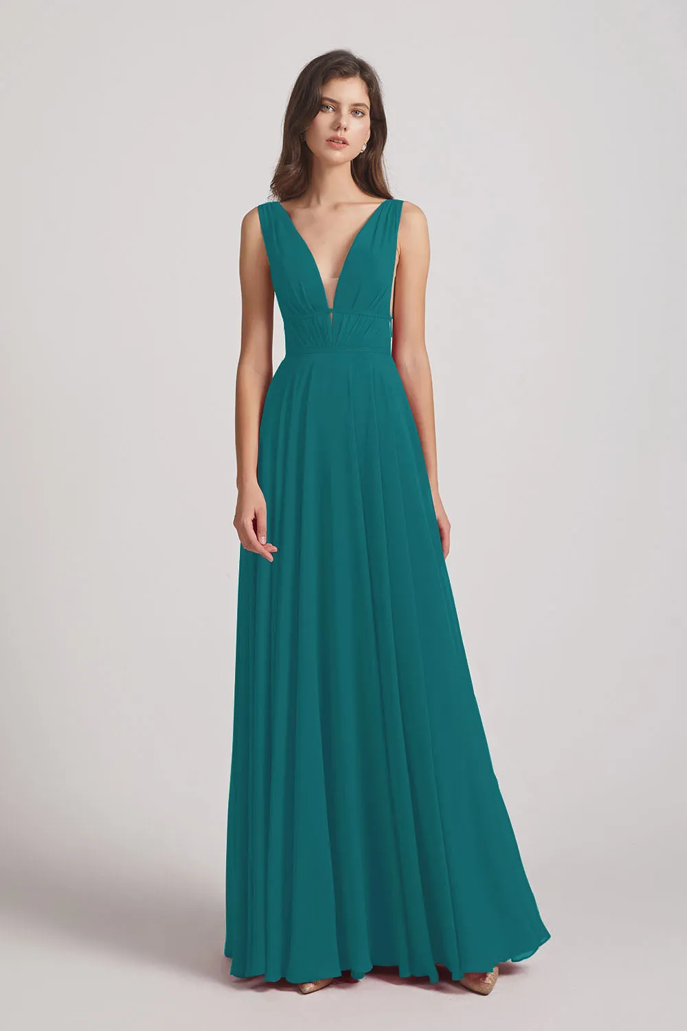Wide Straps Double V-Neck Crinkle Chiffon Bridesmaid Dresses (AF0092)