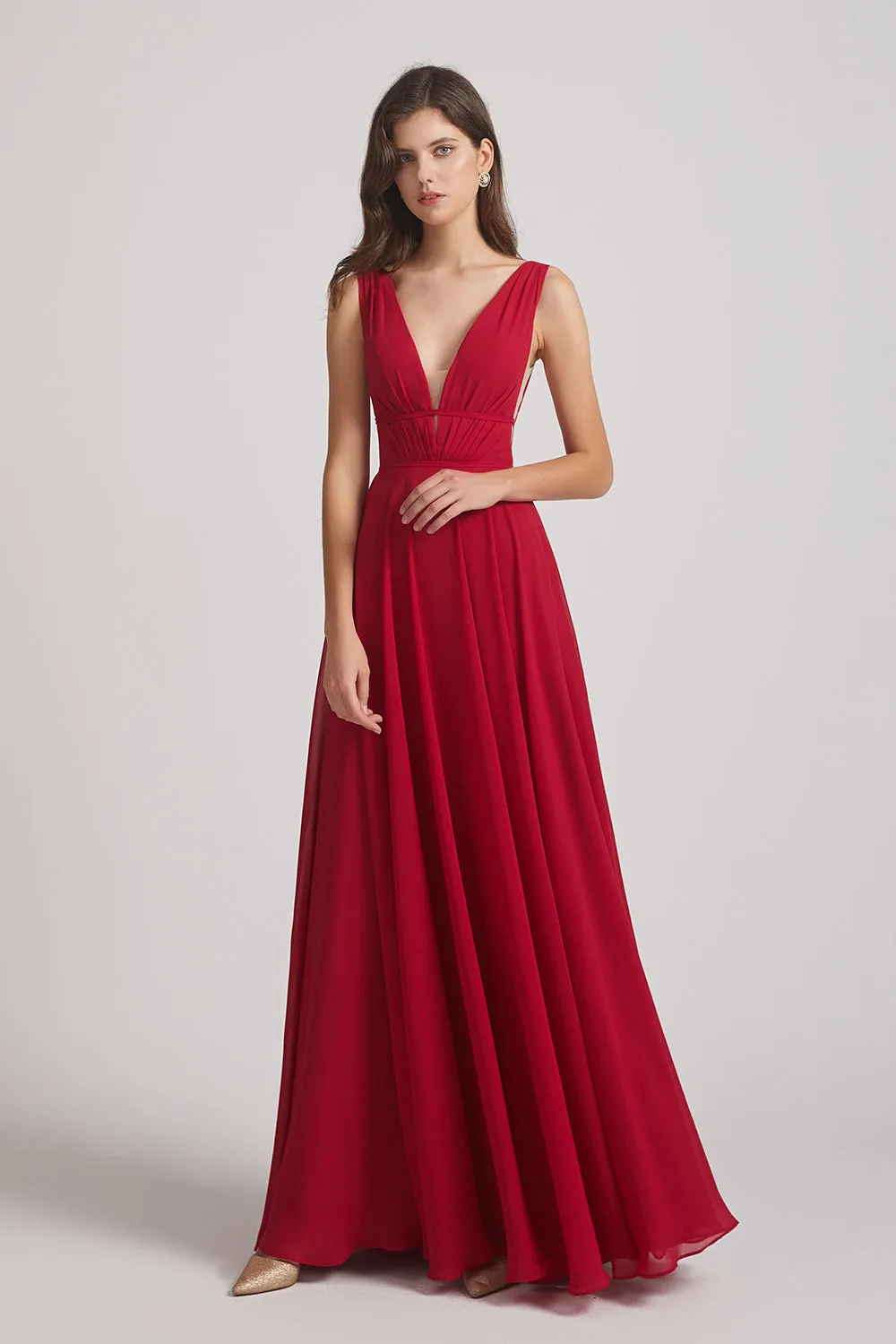 Wide Straps Double V-Neck Crinkle Chiffon Bridesmaid Dresses (AF0092)