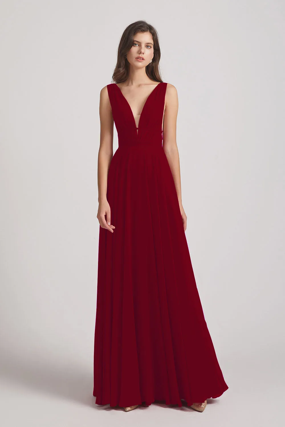 Wide Straps Double V-Neck Crinkle Chiffon Bridesmaid Dresses (AF0092)