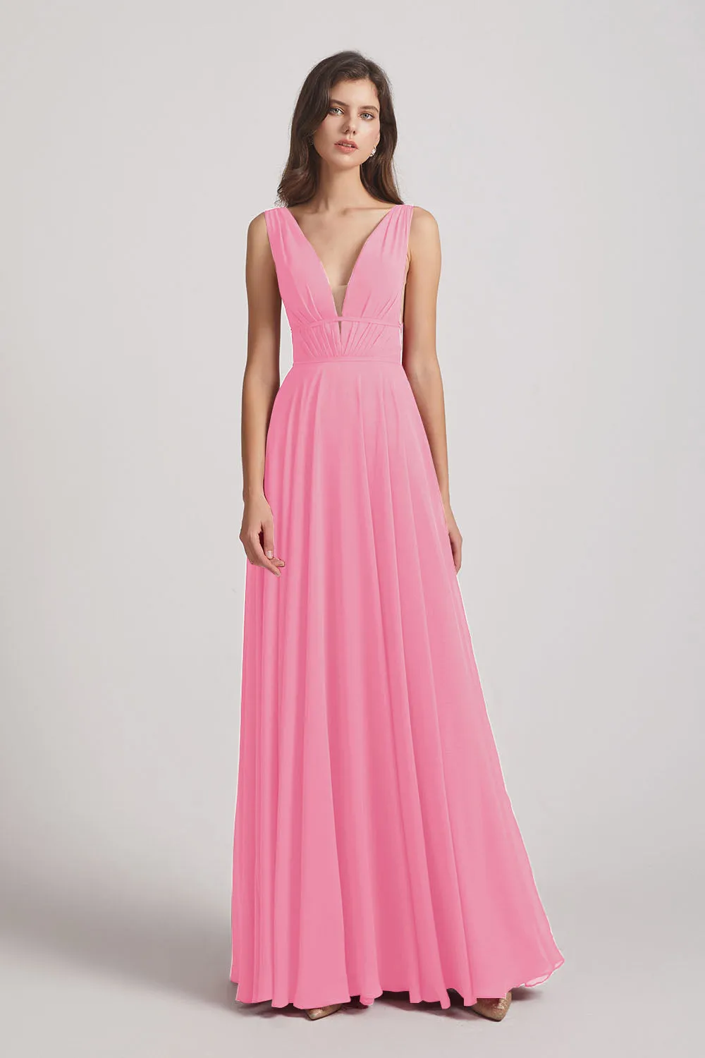 Wide Straps Double V-Neck Crinkle Chiffon Bridesmaid Dresses (AF0092)