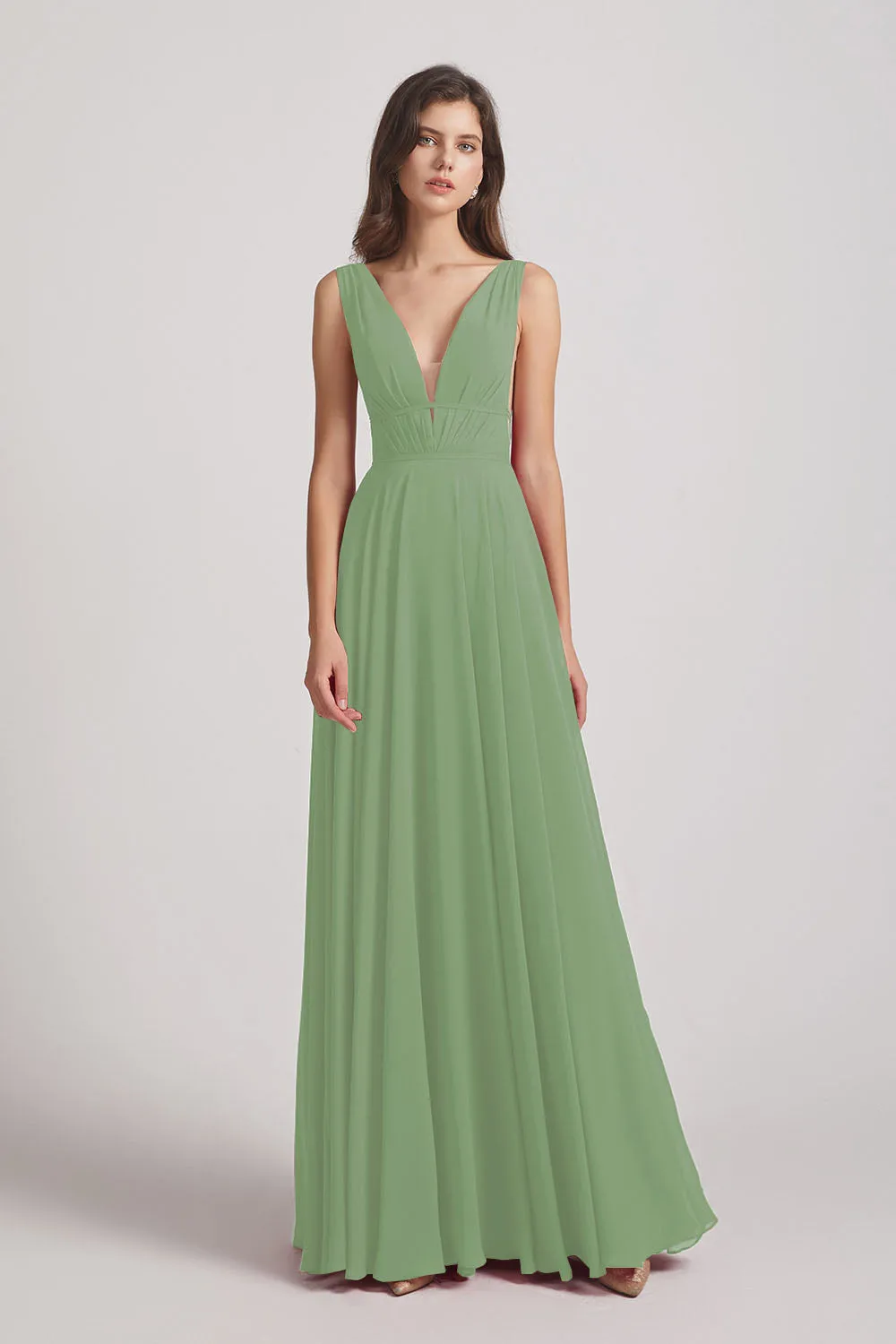 Wide Straps Double V-Neck Crinkle Chiffon Bridesmaid Dresses (AF0092)