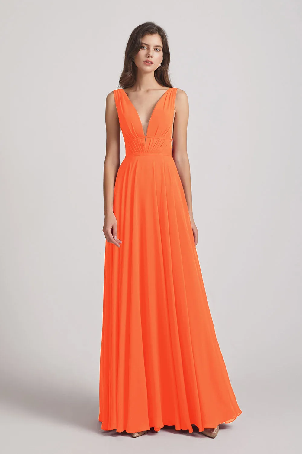 Wide Straps Double V-Neck Crinkle Chiffon Bridesmaid Dresses (AF0092)