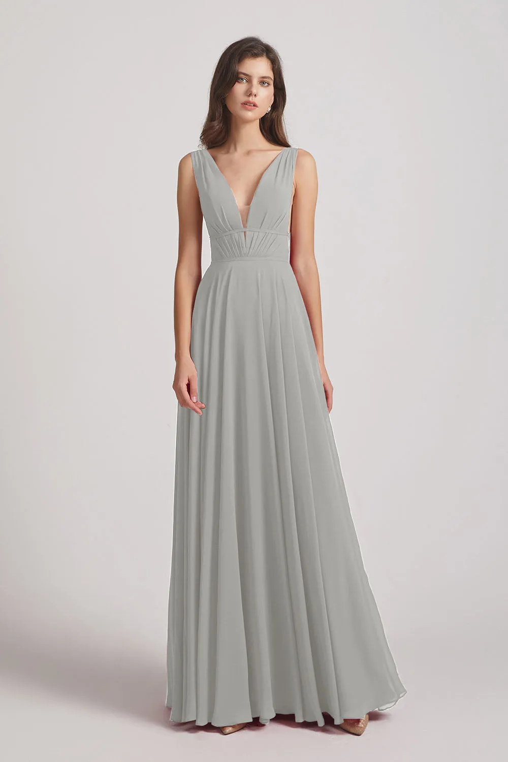 Wide Straps Double V-Neck Crinkle Chiffon Bridesmaid Dresses (AF0092)