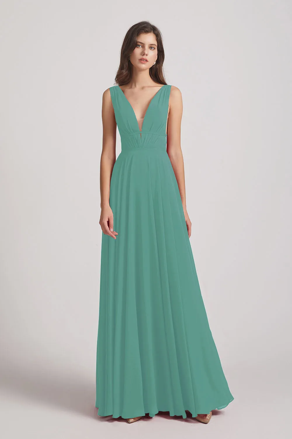 Wide Straps Double V-Neck Crinkle Chiffon Bridesmaid Dresses (AF0092)