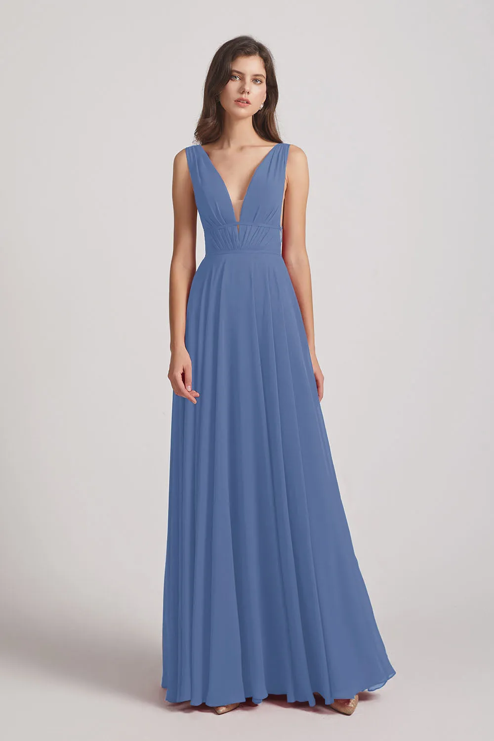 Wide Straps Double V-Neck Crinkle Chiffon Bridesmaid Dresses (AF0092)