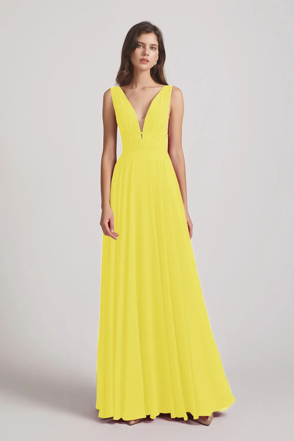 Wide Straps Double V-Neck Crinkle Chiffon Bridesmaid Dresses (AF0092)