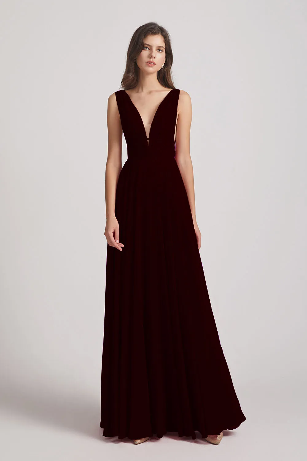Wide Straps Double V-Neck Crinkle Chiffon Bridesmaid Dresses (AF0092)