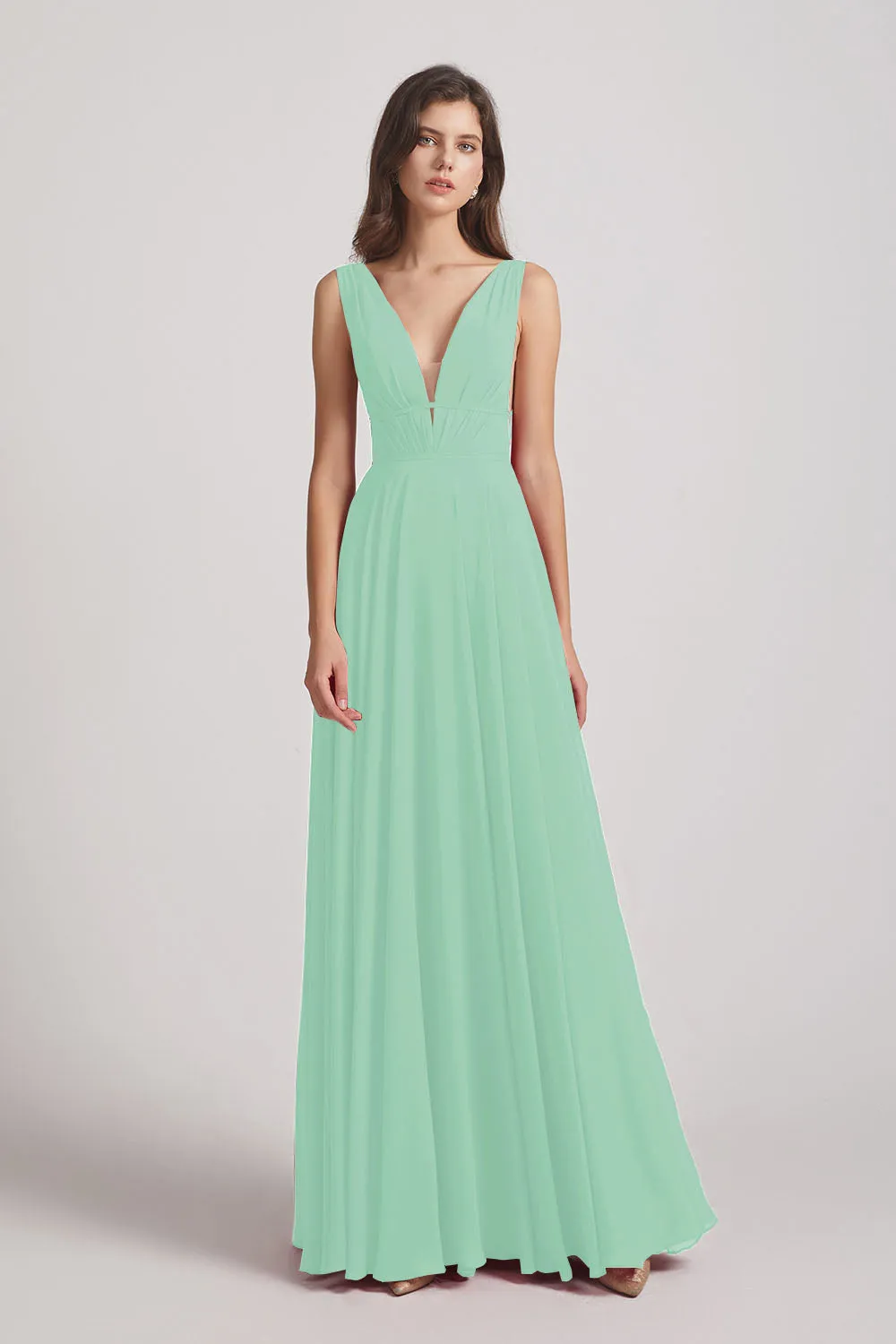 Wide Straps Double V-Neck Crinkle Chiffon Bridesmaid Dresses (AF0092)