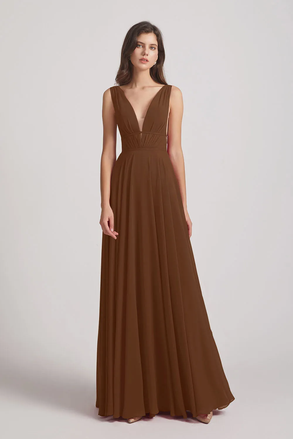 Wide Straps Double V-Neck Crinkle Chiffon Bridesmaid Dresses (AF0092)
