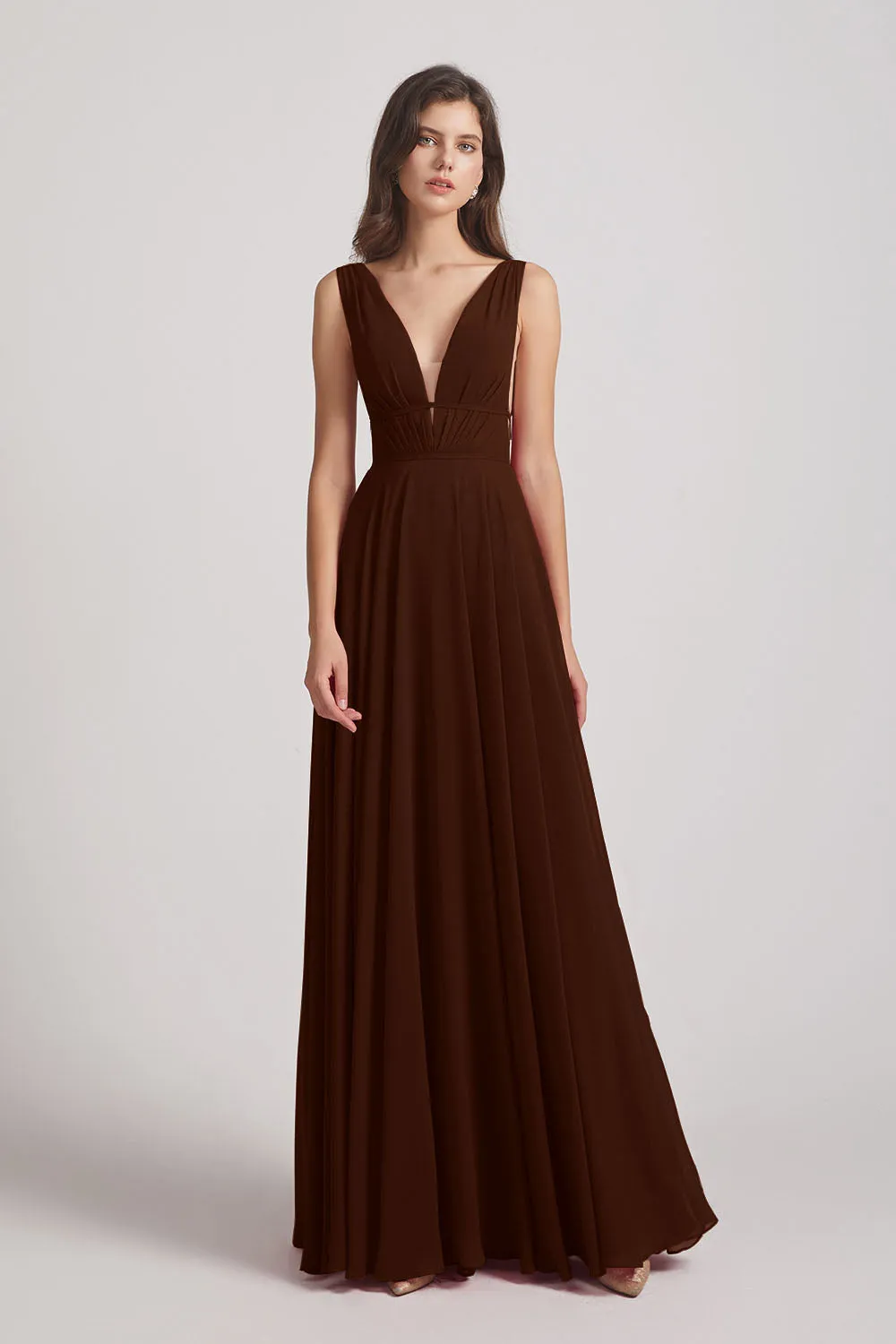 Wide Straps Double V-Neck Crinkle Chiffon Bridesmaid Dresses (AF0092)