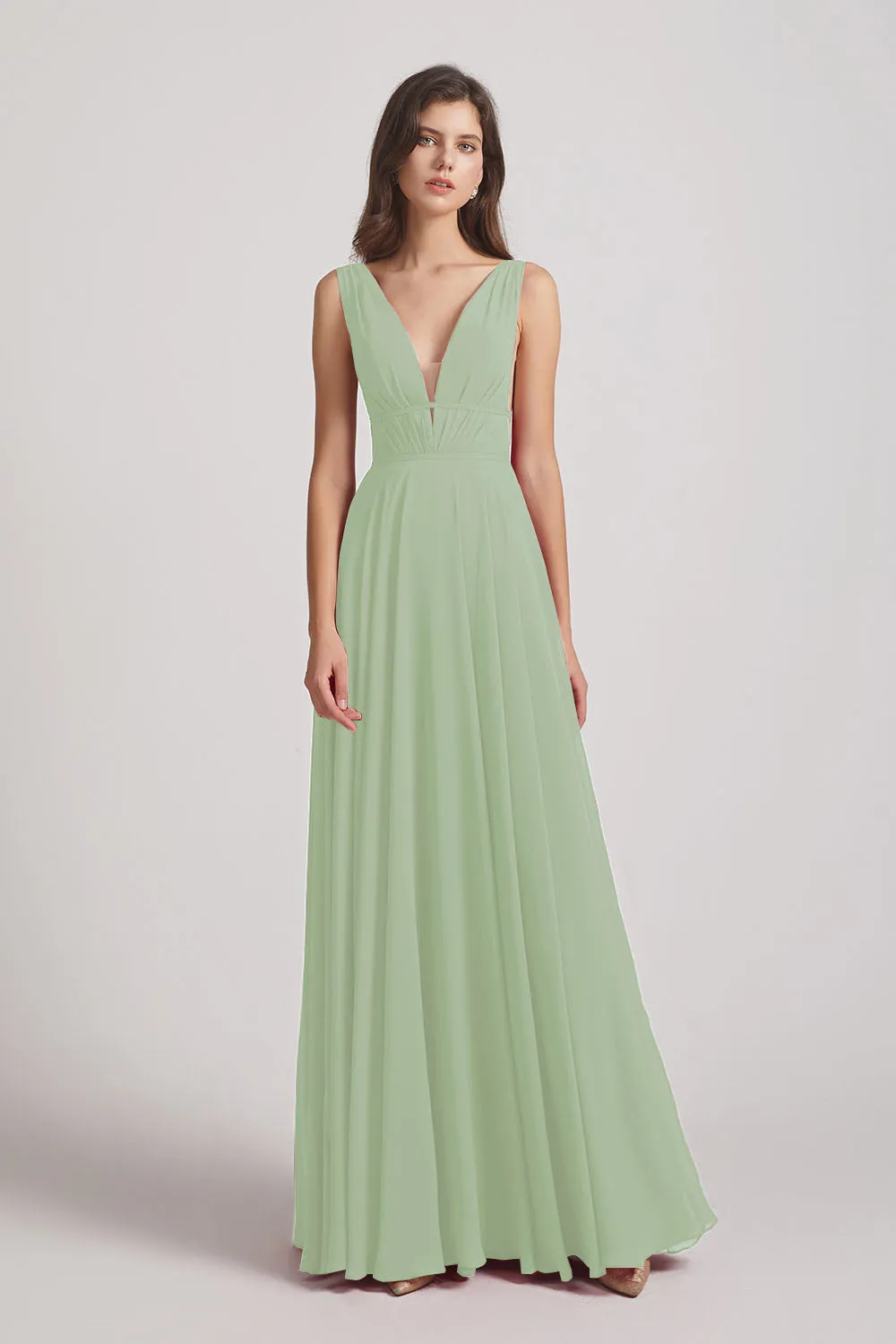 Wide Straps Double V-Neck Crinkle Chiffon Bridesmaid Dresses (AF0092)
