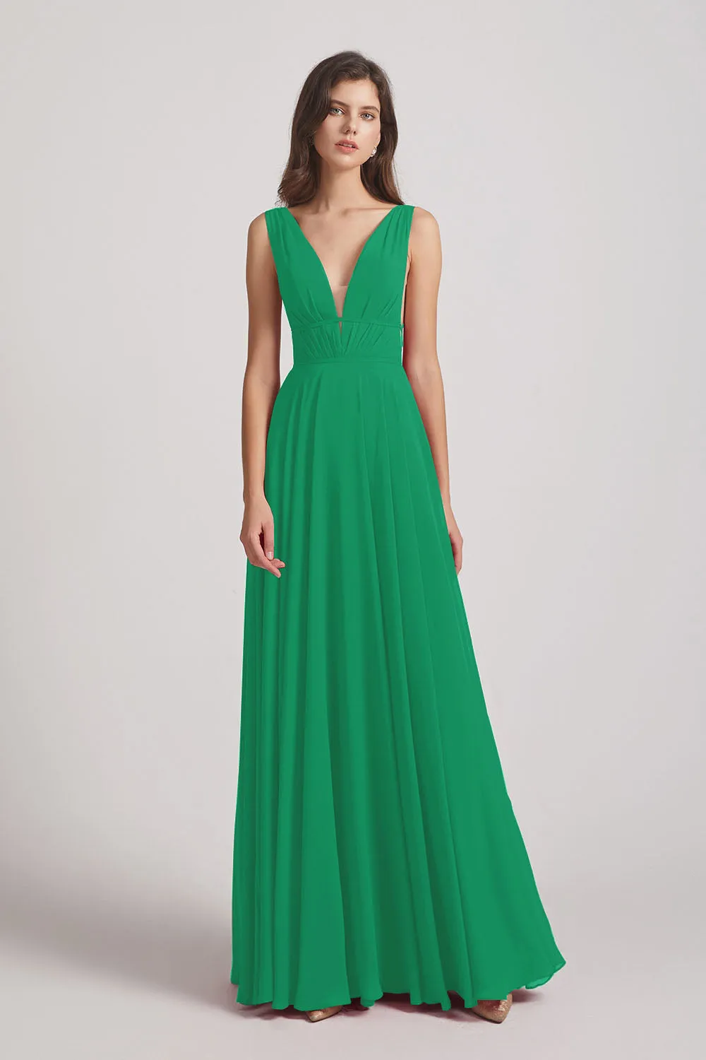 Wide Straps Double V-Neck Crinkle Chiffon Bridesmaid Dresses (AF0092)