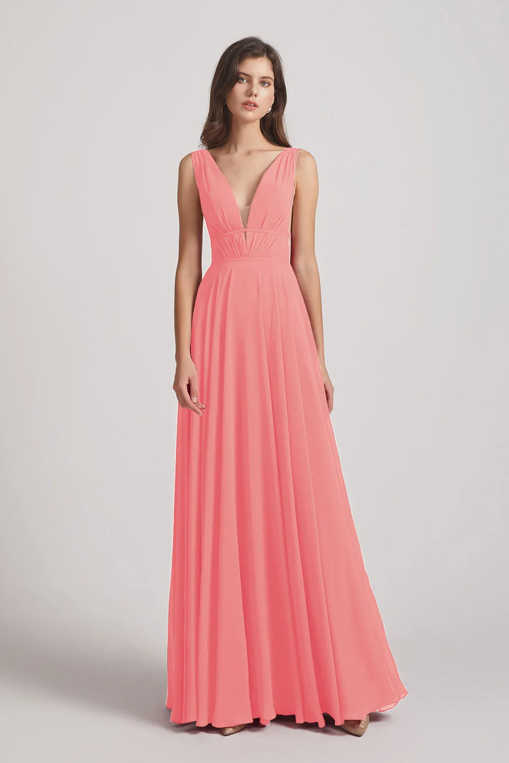 Wide Straps Double V-Neck Crinkle Chiffon Bridesmaid Dresses (AF0092)