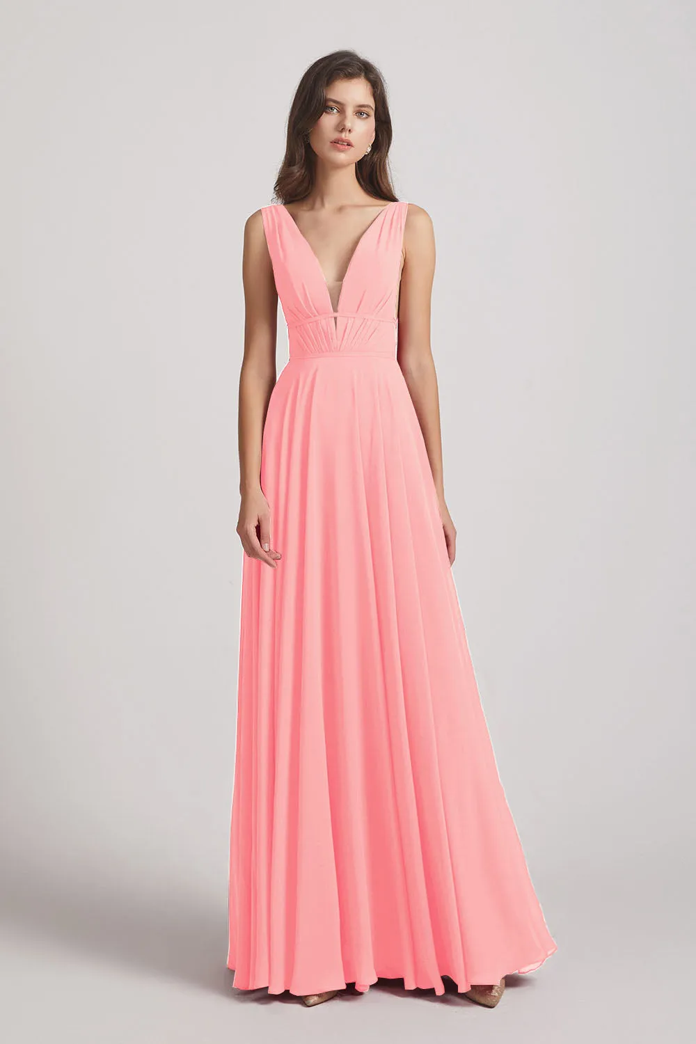 Wide Straps Double V-Neck Crinkle Chiffon Bridesmaid Dresses (AF0092)