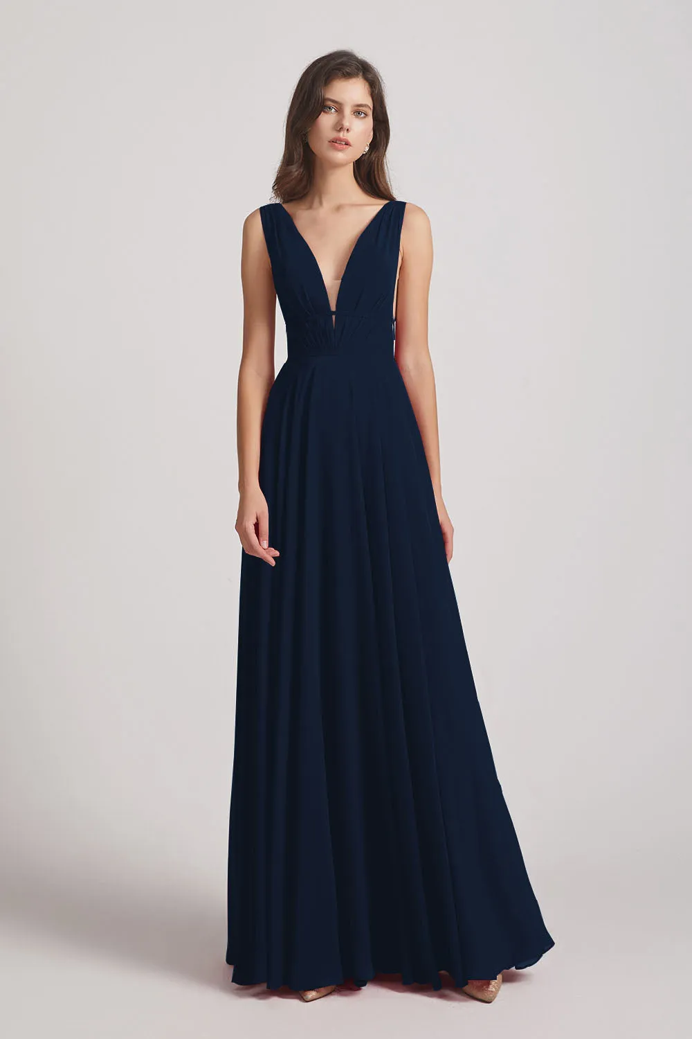 Wide Straps Double V-Neck Crinkle Chiffon Bridesmaid Dresses (AF0092)