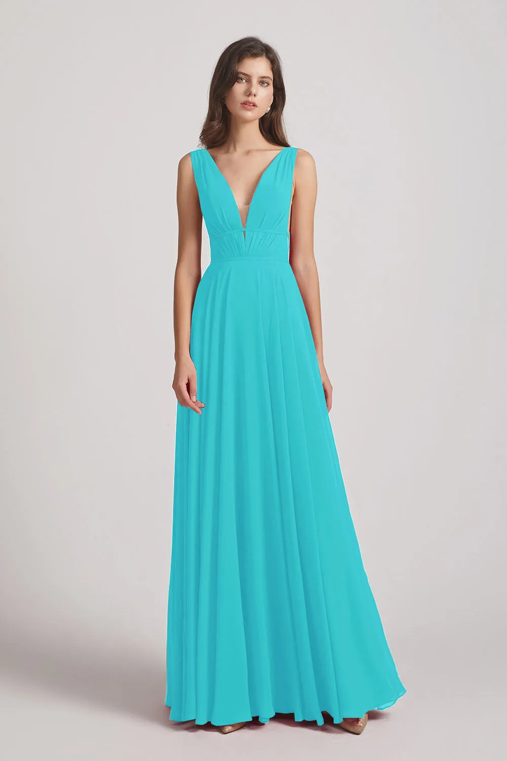 Wide Straps Double V-Neck Crinkle Chiffon Bridesmaid Dresses (AF0092)