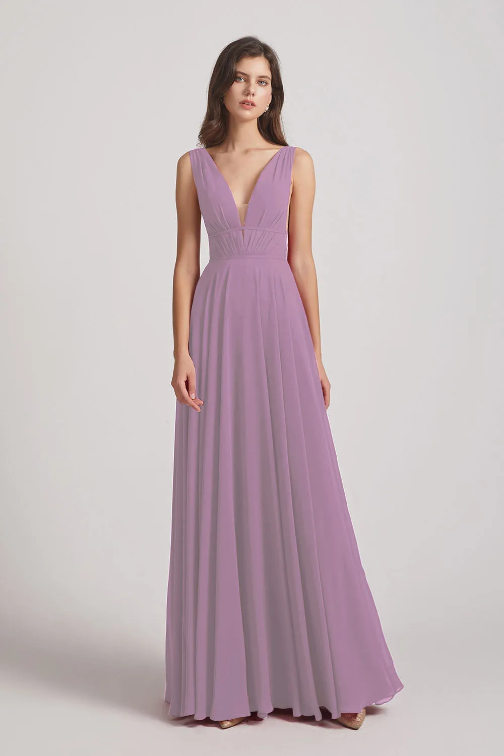 Wide Straps Double V-Neck Crinkle Chiffon Bridesmaid Dresses (AF0092)