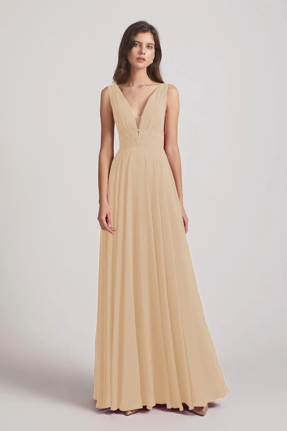 Wide Straps Double V-Neck Crinkle Chiffon Bridesmaid Dresses (AF0092)