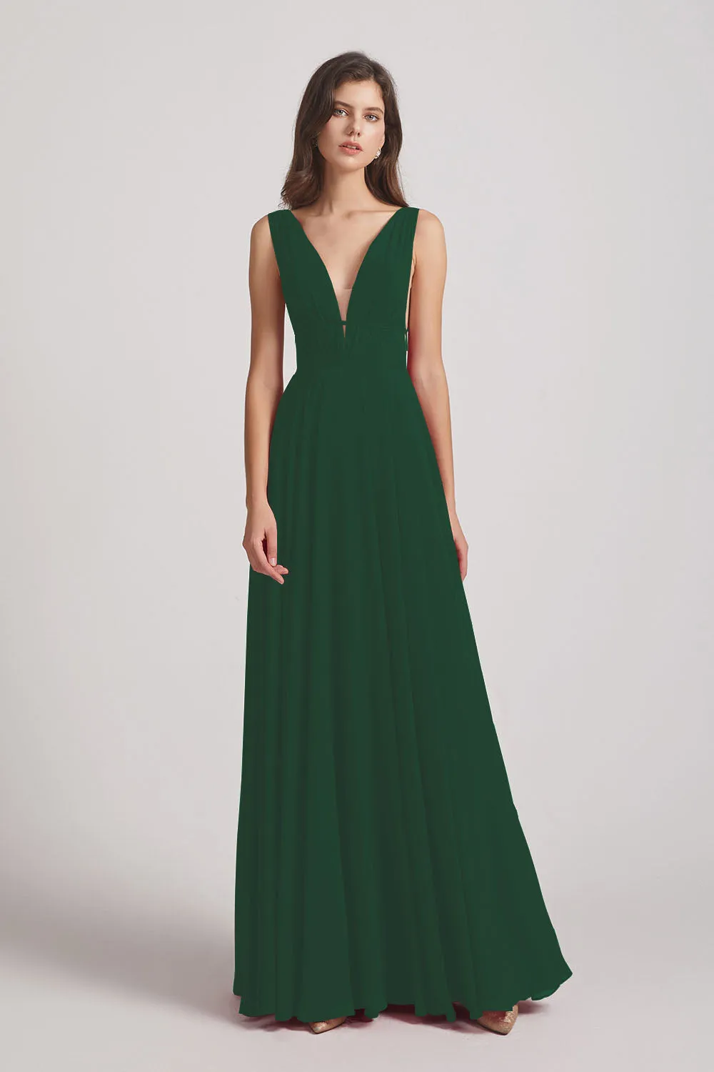 Wide Straps Double V-Neck Crinkle Chiffon Bridesmaid Dresses (AF0092)
