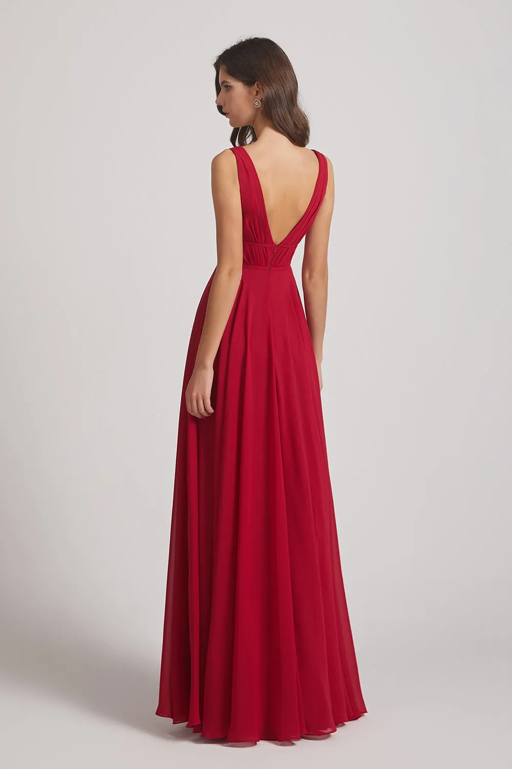 Wide Straps Double V-Neck Crinkle Chiffon Bridesmaid Dresses (AF0092)