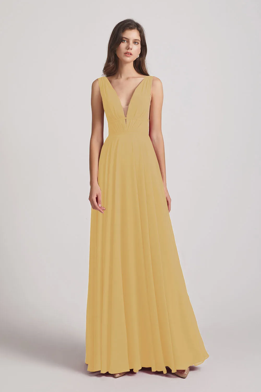 Wide Straps Double V-Neck Crinkle Chiffon Bridesmaid Dresses (AF0092)