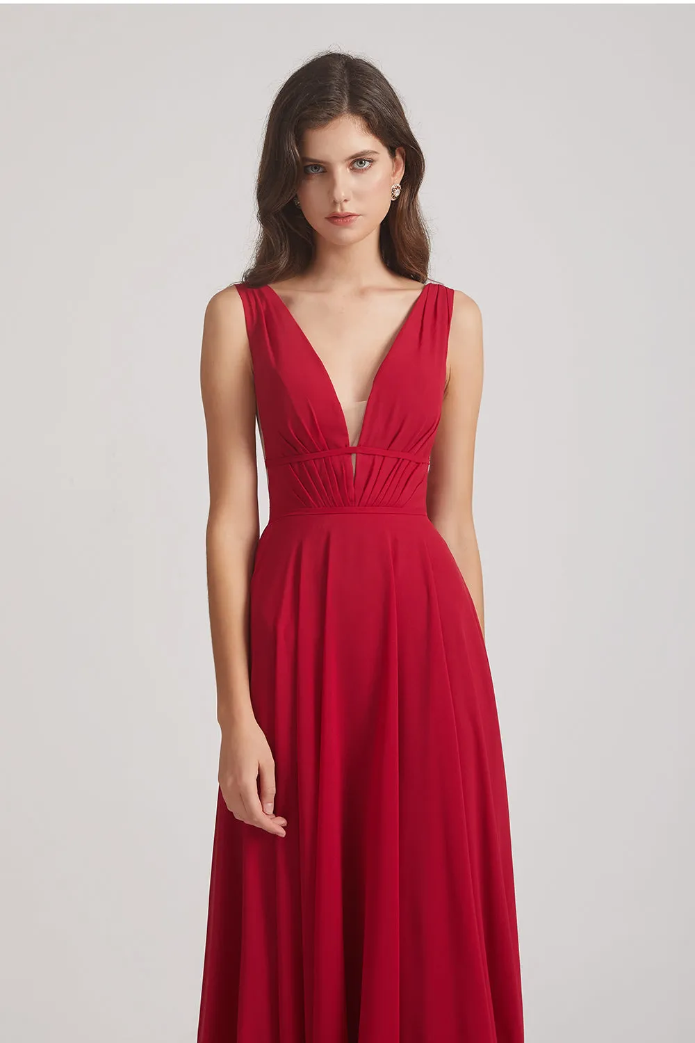Wide Straps Double V-Neck Crinkle Chiffon Bridesmaid Dresses (AF0092)