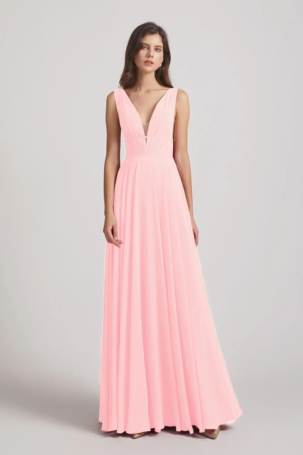 Wide Straps Double V-Neck Crinkle Chiffon Bridesmaid Dresses (AF0092)