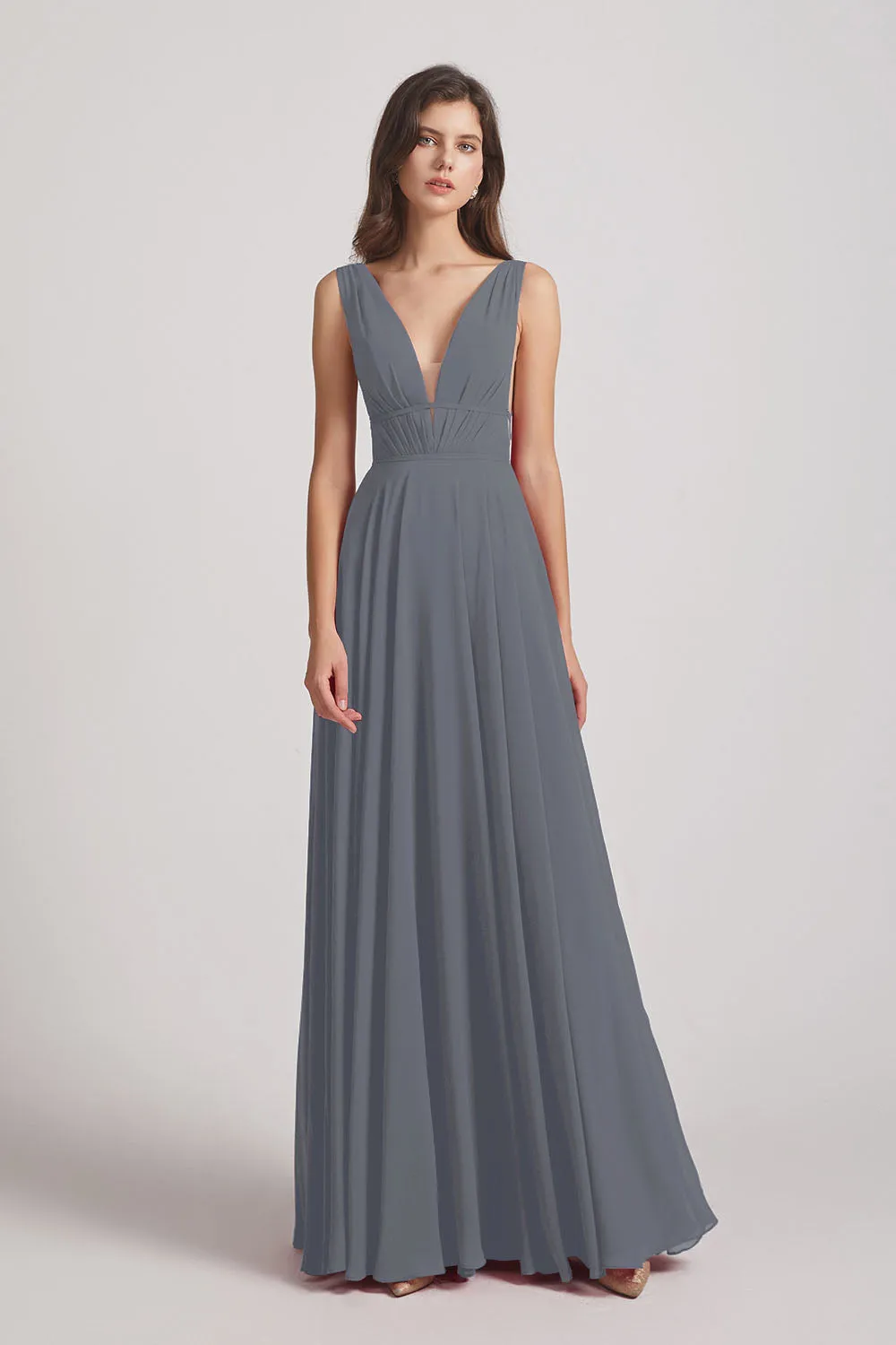Wide Straps Double V-Neck Crinkle Chiffon Bridesmaid Dresses (AF0092)